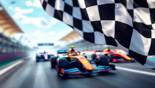 Checkered flag waves as Formula 1 cars blur toward race finish.
