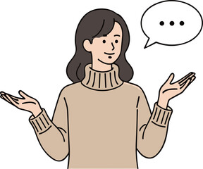 Cartoon person, beige turtleneck sweater, long hair, raised arms, confused gesture, speech bubble, vector art, isolated, character design, thinking pose