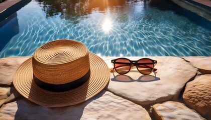 a summer themed editorial photo of a straw hat and vintage sunglasses on the edge of a tranquil pool sun rays refracting through the water subtle textures on stone