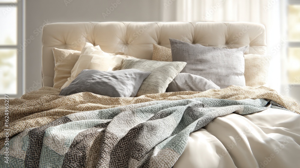 Poster close up of a made bed with a tufted headboard and various pillows and a patterned blanket draped ov