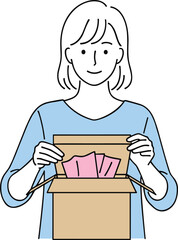 Cartoon person, blue shirt, holding open cardboard box, pink items inside, delivery concept, vector art, isolated, character design, unboxing