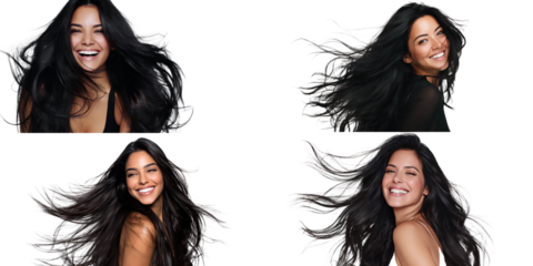 A collection of beautiful brunette women with long, flowing hair, showcasing beauty, fashion, and style in a series of glamorous portraits isolated on transparent background