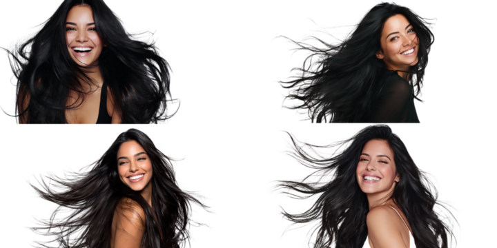 A collection of beautiful brunette women with long, flowing hair, showcasing beauty, fashion, and style in a series of glamorous portraits isolated on transparent background