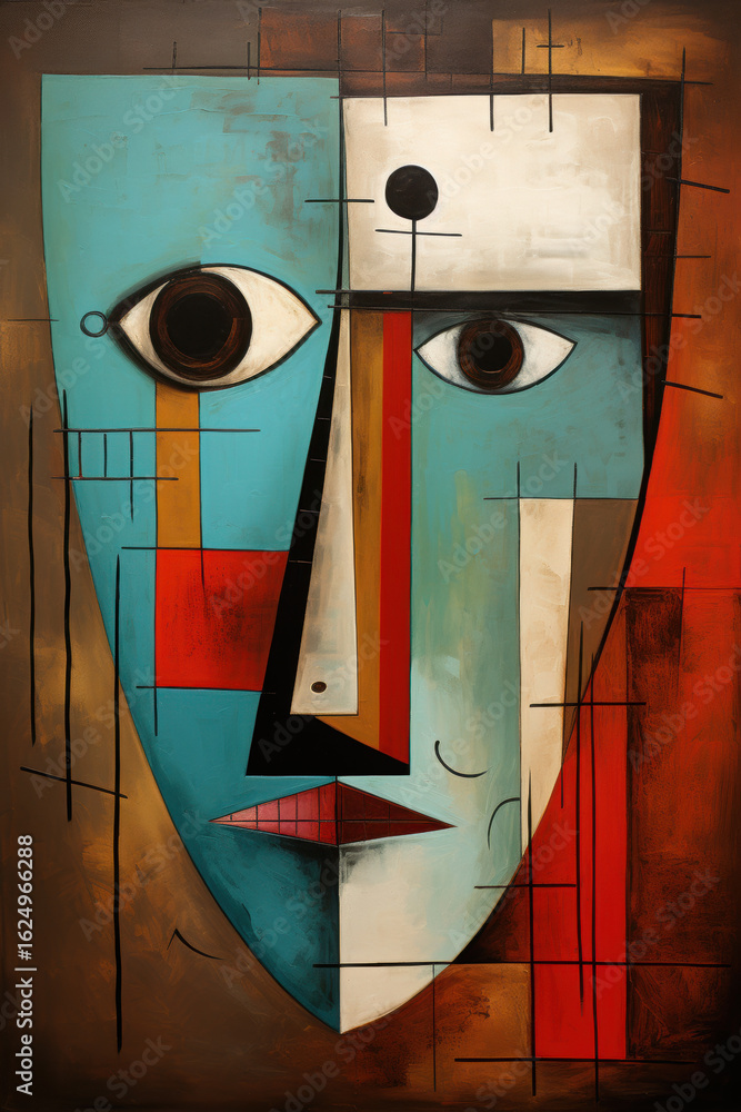 Poster cubist-inspired artistic face composed of triangles, rectangles, and abstract color sections