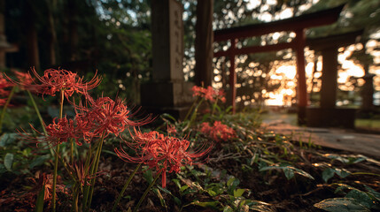 Red spider lilies and torii gate glowing in the sunset light　彼岸花と夕日