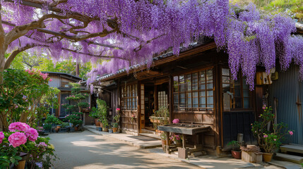 Japanese traditional house with a beautiful wisteria trellis in spring　藤の花と古民家