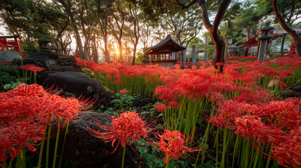Japanese shrine with red spider lilies and torii gates at sunset　夕暮れの彼岸花