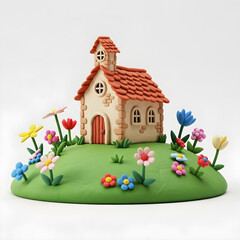A claymation-style quaint clay chapel on a hill with clay wildflowers and hand-sculpted details, isolated on a clean white background with soft shadows.
