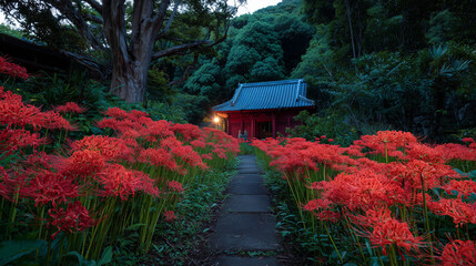 Red spider lilies blooming on a path leading to a Japanese shrine　彼岸花と神社