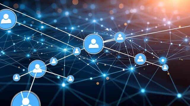 Futuristic digital network connection with glowing blue user icons and interconnected data points - Powered by Adobe