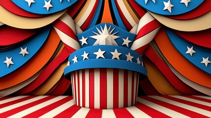 Obraz premium Patriotic Stage Design with Layered Curtains and Starburst Hat Pedestal