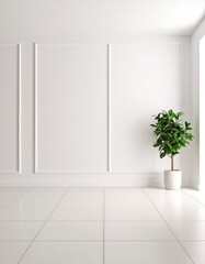Minimalist Interior Scene with Potted Green Plant and Elegant Wall Paneling