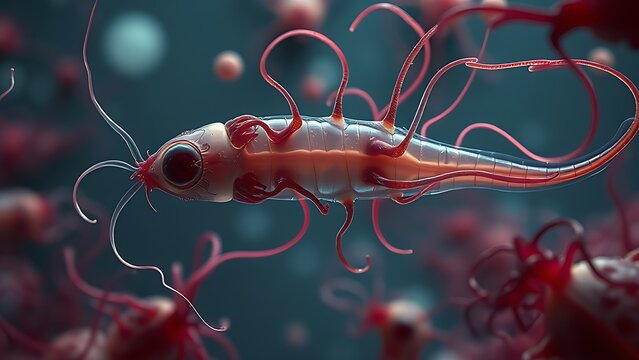 Microscopic view of decapitated sperm with parasite tendrils