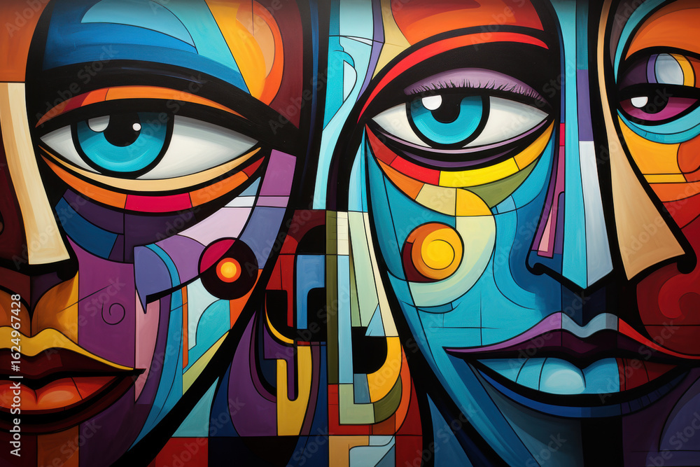 Poster eye-catching cubism-inspired painting with faces split into colorful angular segments and extra eyes
