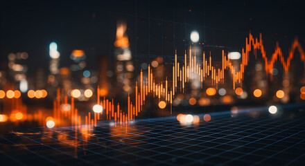 Financial chart with city lights showing market trends and analysis on transparent background