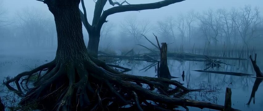Misty swamp landscape