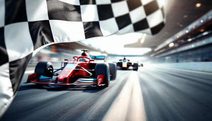 Checkered flag waves as Formula 1 cars blur toward race finish.