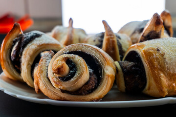 Chocolate and puff pastry croissant. Dessert. Pastry