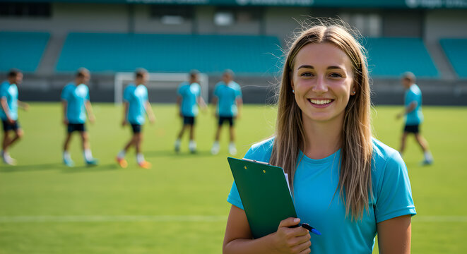 Smiling coach with clipboard overseeing team practice on the field on transparent background