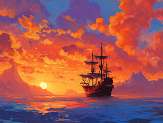 Pirate ship sailing on vibrant ocean during sunset, anime style