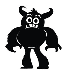 Cute cartoon monster character with horns and big eyes silhouette. Funny furry creature. Vector illustration