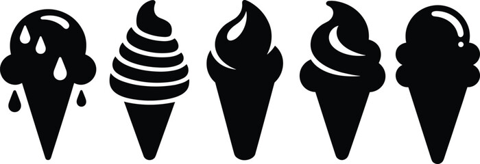 Set of five black ice cream cone silhouettes with melting, swirled, and stylized scoop designs, vector icons for dessert themes