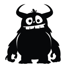 Cute cartoon monster character with horns and big eyes silhouette. Funny furry creature with big teeth. Vector illustration