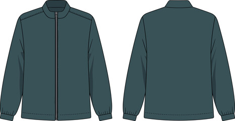 Men's bomber jacket cad drawing flat vector illustration, front and back view, zipper closure, ribbed collar cuffs hem, long sleeve outerwear fashion sketch
