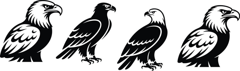 Obraz premium Set of four stylized eagle illustrations in side profile, perched and standing poses, black and white vector icons for graphic design