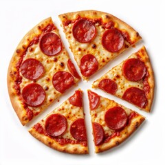 Crispy pepperoni pizza cut into eight even slices