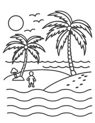 Tropical beach line art, black outline, vector and illustration, colouring book page line art drawing, line drawing silhouette of a beach coloring page