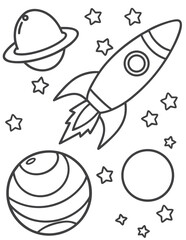 Rocket stars and planets in cosmos space universe Colouring Book, outline Illustration Educational Materials