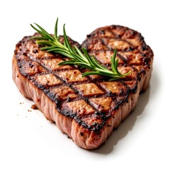 Gourmet heart shaped steak with fresh rosemary garnish