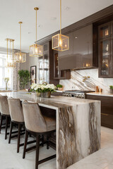 Luxurious kitchen with marble island and countertop. Modern and elegant design with gold and brown tones, highlighting the elegance of the space and interior decor.