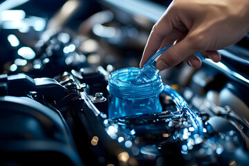 Close up of human hand pouring liquid into car engine for maintenance and care
