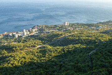 Fototapeta premium An aerial view of a coastal city nestled among lush green trees, with modern buildings and a winding road overlooking a calm sea, perfect for depicting a travel destination, urban planning, or nature 