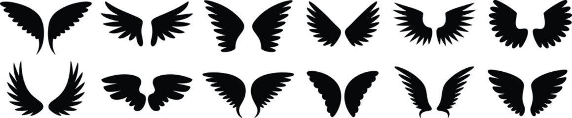 Set of twelve black wing silhouettes in varied feather styles, symmetrical vector icons for fantasy, tattoo, and design themes