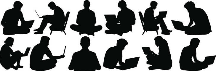 Set of twelve laptop user silhouettes in varied seated poses, working or studying individuals in modern digital lifestyle, vector illustration