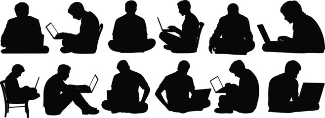 Set of twelve laptop user silhouettes in varied seated poses, working, studying, or browsing in modern digital lifestyle, vector illustration