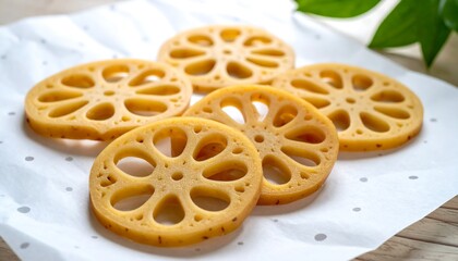 Sliced Lotus Root on Dotted Paper with Natural Light and Greenery
