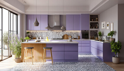 Modern kitchen with minimalist design. A purple color palette, white countertops, and wood create an elegant and functional space with plenty of natural light.