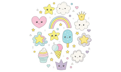 Cute Kawaii Clipart  Adorable Technology, Food, and Stationery Vector Icons