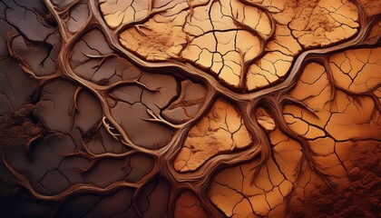 a naturalistic artwork of a cracked earth surface with exposed roots and compacted soil layers