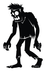 Silhouette of a spooky and scary zombie character with an exposed skull and tattered clothes. Vector cartoon illustration