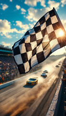Checkered flag waves as NASCAR cars race to the finish under sunset light.
