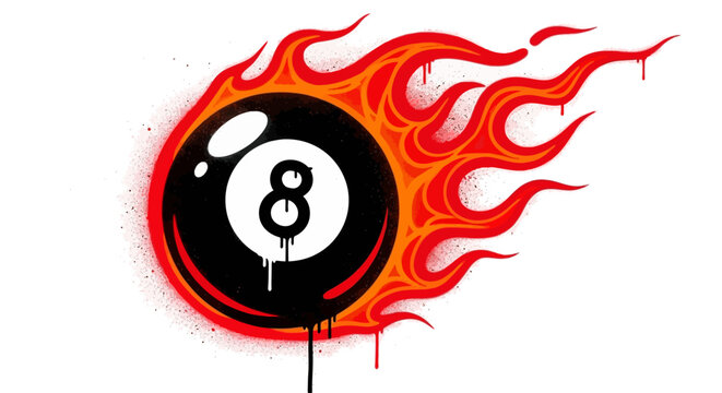 Flaming eight-ball graphic design, vibrant red and black, spray paint effect.