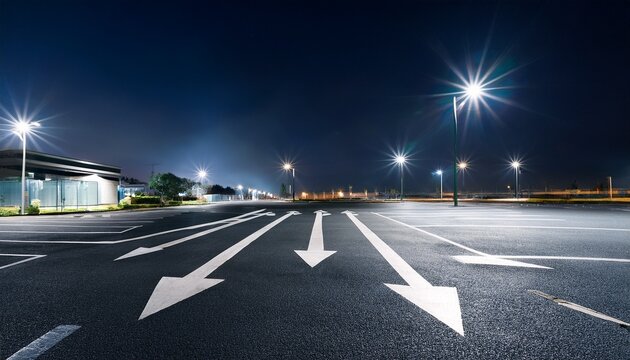 night shot of an empty parking lot with directional arrow markings on the ground showcasing traffic flow - Powered by Adobe