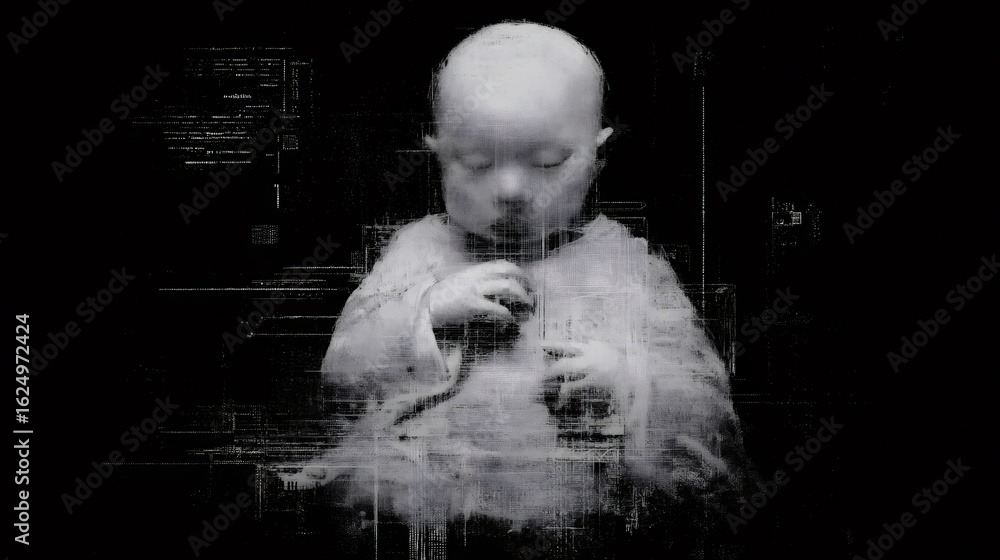 Poster abstract depiction of a child as an artificial intelligence or futuristic concept. science and techn