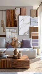 Luxurious and modern interior design. A neutral color palette with touches of lavender, marble, and wood creates a serene and sophisticated ambiance.