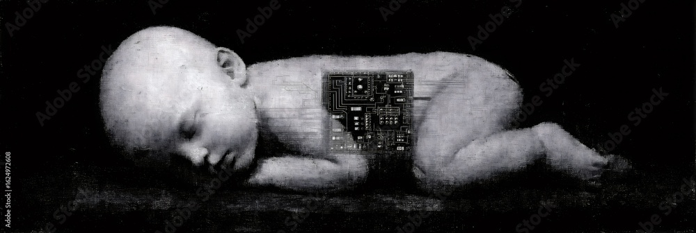 Poster human baby with an integrated microchip circuit board on its back, symbolizing the future of advance